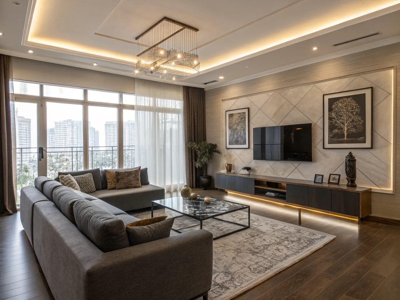 Lyxigt vardagsrum med modern inredning