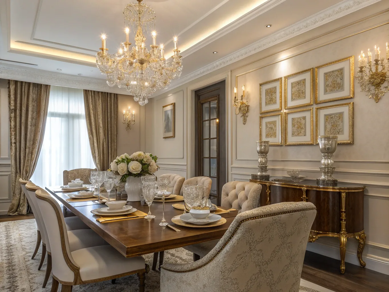 Elegant inredd matsal i neutral färgskala med gulddetaljer