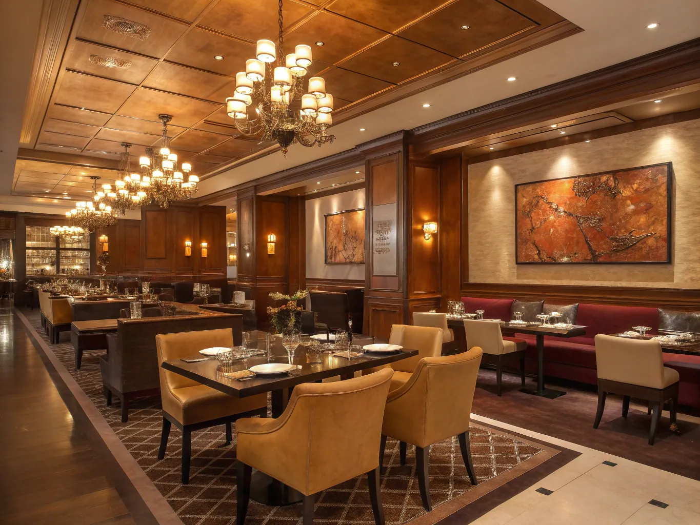 Elegant restauranginteriör med varma toner