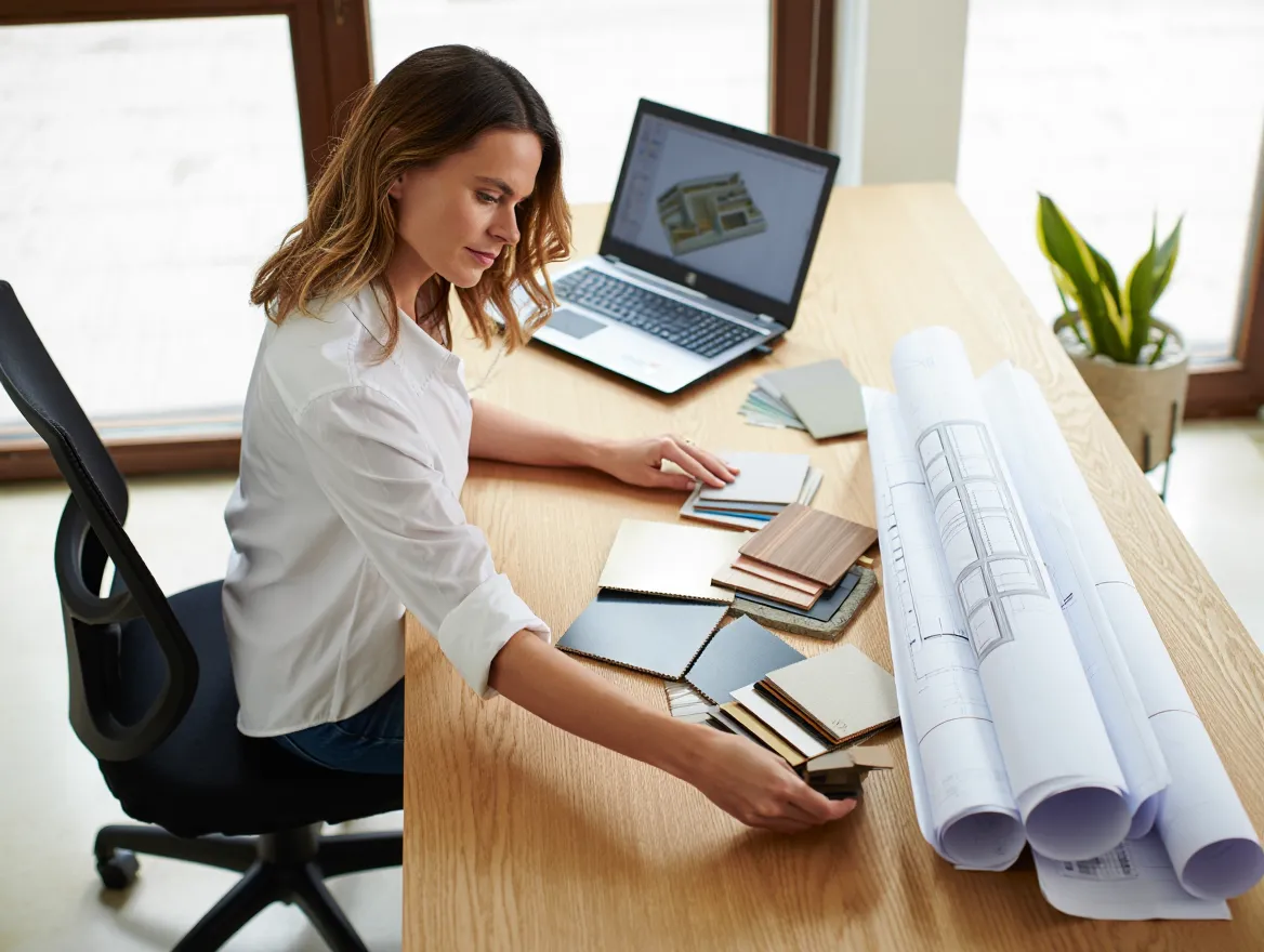 Designer arbetar med materialprov och ritningar