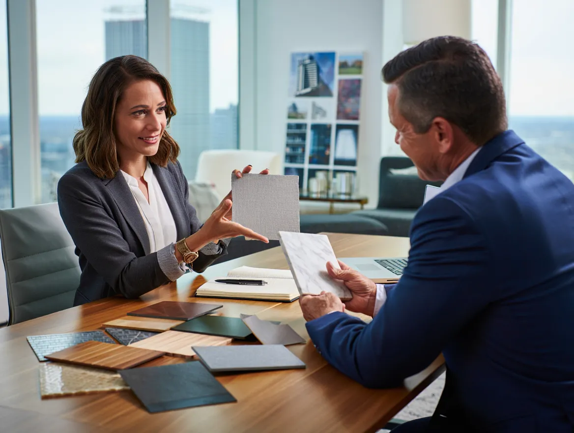 Designer som diskuterar materialprover med klient